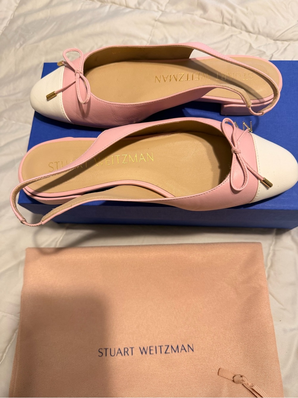 Stuart Weitzman Pink and White Leather Slingback Flats with Bow Accent